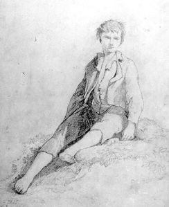 Drawing, 'Boy sitting (barefoot and hatless)' by John Sell Cotman (1782-1842), pencil on board, undated; 32.1 cm x 25 cm; inscription bottom left signed 'Cotman 2615'. Norfolk   Museums & Archaeology Service