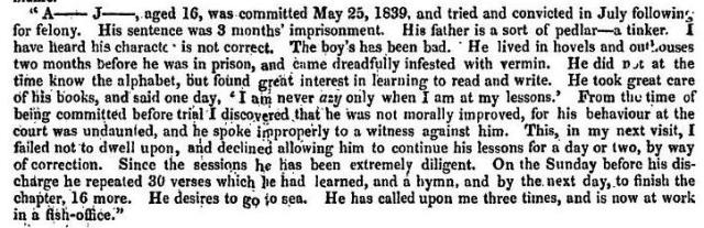 Sarah Martin's notes on Abraham Jenkins, following his first imprisonment, from the Fifth Report of the Prison Inspectors (1840), p. 125.